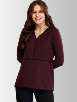 FABLE STREET - Burgundy V Neck Piping Detail Top