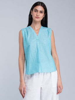 FableStreet - Blue V Neck Sleeveless Linen Top
