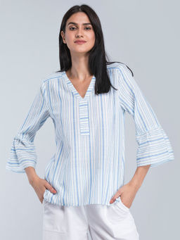 FableStreet - Blue V Neck Striped Top