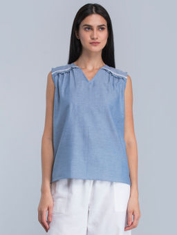 FableStreet - Blue Gather And Lace Detail Top
