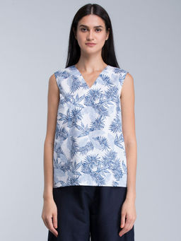 FableStreet - Blue V Neck Tropical Print Top
