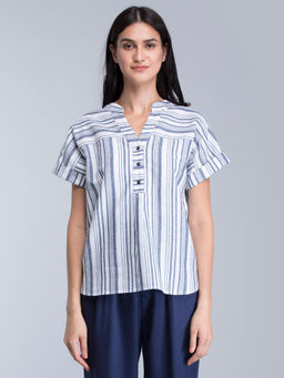 FableStreet - Blue Striped Linen Drop Shoulder Top