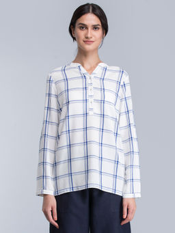 FableStreet - White Mandarin Collar Check Shirt