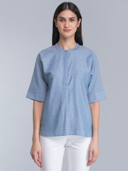 FableStreet - Blue Mandarin Collar Kaftan Top
