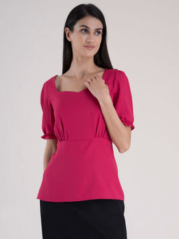 FableStreet - Sweetheart Neckline Puff Sleeve Top - Fuchsia