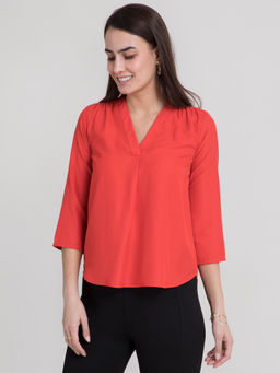 FableStreet - Coral V Neck Pleated Top