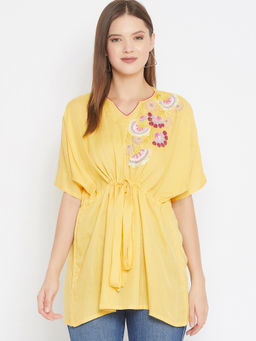 The Kaftan Company - Solid Yellow Top with Sequin Hand Embroidery
