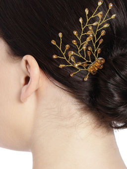 Accessher - Gold Plated Beaded Tiara Comb Western Fancy Hair Clip With Pearls For Women And Girls