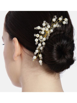 Accessher - Gold Plated Beaded Tiara Comb Western Fancy Hair Clip With Pearls For Women And Girls