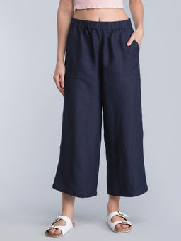 FableStreet - Navy Blue Wide Leg With Elasticated Band Pant