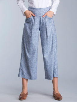 FableStreet - Blue Front Crease Melange Culottes With Elastic Culottes