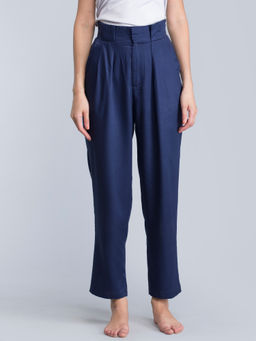 FableStreet - Navy Blue Paperbag High Waist Navy Pant