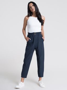 FABLE STREET - Cotton Paper Bag Pants Navy Blue