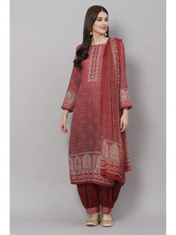 Biba - Red Poly Spun Unstitched Dress Material Suit (Set of 3)