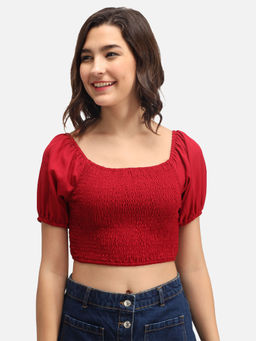 Trend Arrest - Red Solid Smocking Crop Top