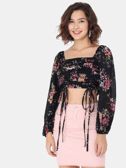 Trend Arrest - Black Printed Ruching Top
