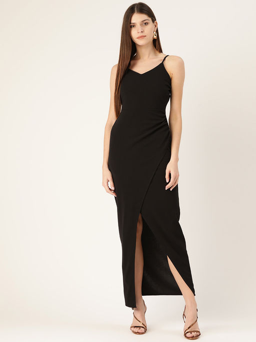black midi dress with slit Elegant Belted Split Sleeves – Liymc NECKLINE:Scoop Neck size:XS Dress Drama: The Story