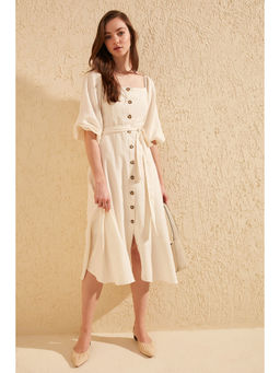 Trendyol - Women'S Ecru Solid/Plain Pattern Dresses With Belt