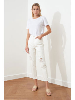 Trendyol - White Mid Waist Ribbed Jeans