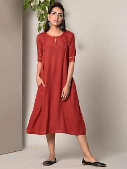 trueBrowns - Rust Red Pin Tucks Dress