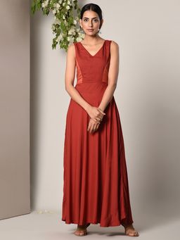 trueBrowns - Rust Red Contrast Yoke Dress