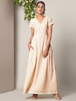 trueBrowns - Beige Crochet Bodice Flare Dress