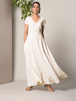 trueBrowns - Off White Grid Flare Dress