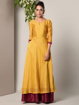 trueBrowns - Mustard Yellow Maroon Border Suit Dress