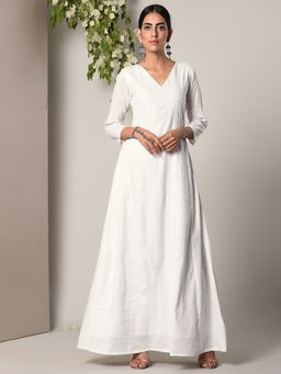 trueBrowns - White Long Silver Thread Dress