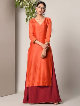 trueBrowns - Orange Kurta Maroon Flare Dress