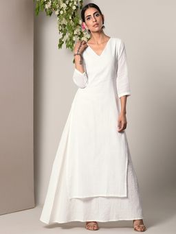 trueBrowns - White Kurta White Silver Thread Flare Dress