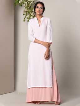 trueBrowns - White Kurta Mud Pink Flare Dress