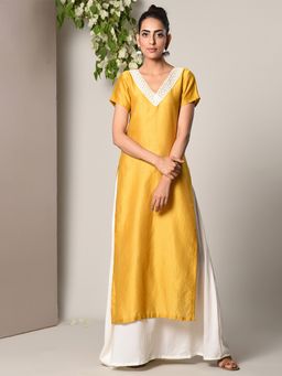 trueBrowns - Mustard Kurta White Flare Dress