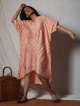 trueBrowns - Peach Floral Kaftan Kurta Dress