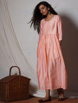 trueBrowns - Peach Chanderi Gathered Kurta Dress