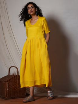 trueBrowns - Yellow Crinkled Flare kurta dress
