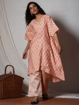 trueBrowns - Peach Floral Kurta With Peach Stripe Silk Farshi Pant - Set of 2