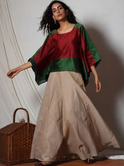 trueBrowns - Red Green Kaftan Top With Beige Chevron Skirt - Set of 2