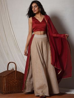 trueBrowns - Beige Chevron Maroon Choli Lehenga Set