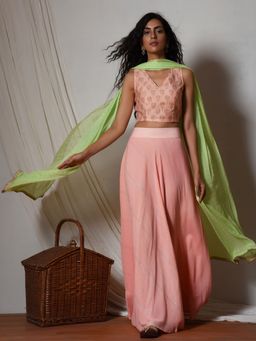 trueBrowns - Peach Silver Crinkled Skirt Gold Booti Choli Lehenga Set