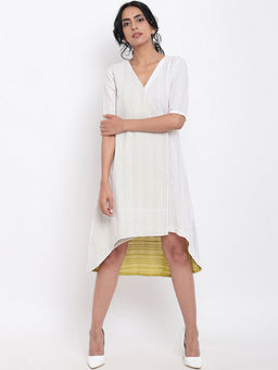 trueBrowns - White Yellow Cotton Overlap Dress