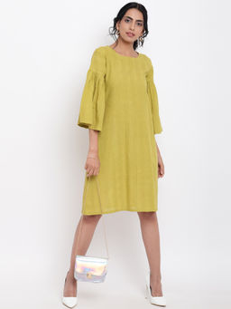 trueBrowns - Green Cotton Gathered Sleeve Dress