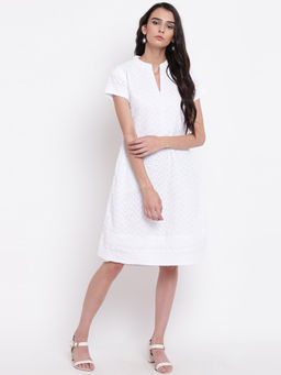 trueBrowns - White Chikan Collar Band Dress