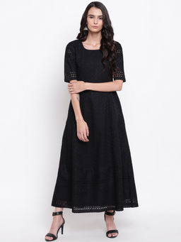trueBrowns - Black Chikan Flared Dress
