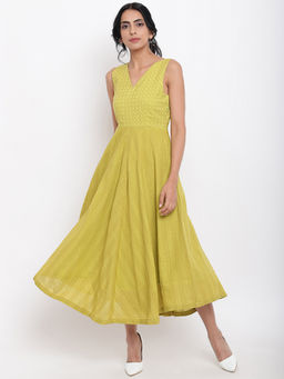 trueBrowns - Green Cotton Panelled Flare Dress