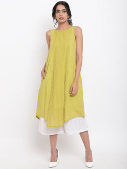 trueBrowns - Green Cotton Panelled Kurti With Culottes (Set of 2)