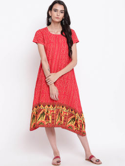 trueBrowns - Red Print Border Dress