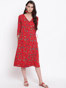 trueBrowns - Red Print Angrakha Dress