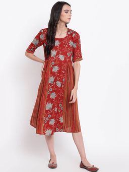 trueBrowns - Brown Flower Side Gathers Dress