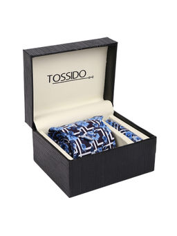 Tossido - Navy Blue Printed Necktie & Pocket Square Gift Set